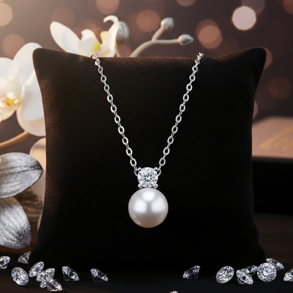 Moissanite Silver Pearl Necklace